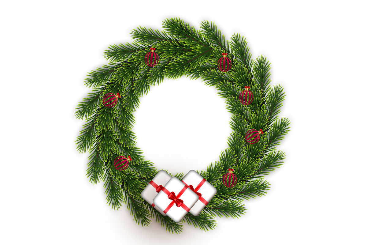 Christmas greeting card and background. Christmas wreath with  pine leaves,  ball
