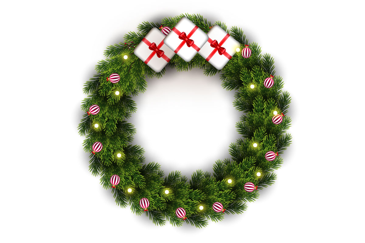 Christmas greeting card and background. Christmas wreath with  pine leaves, ball idea