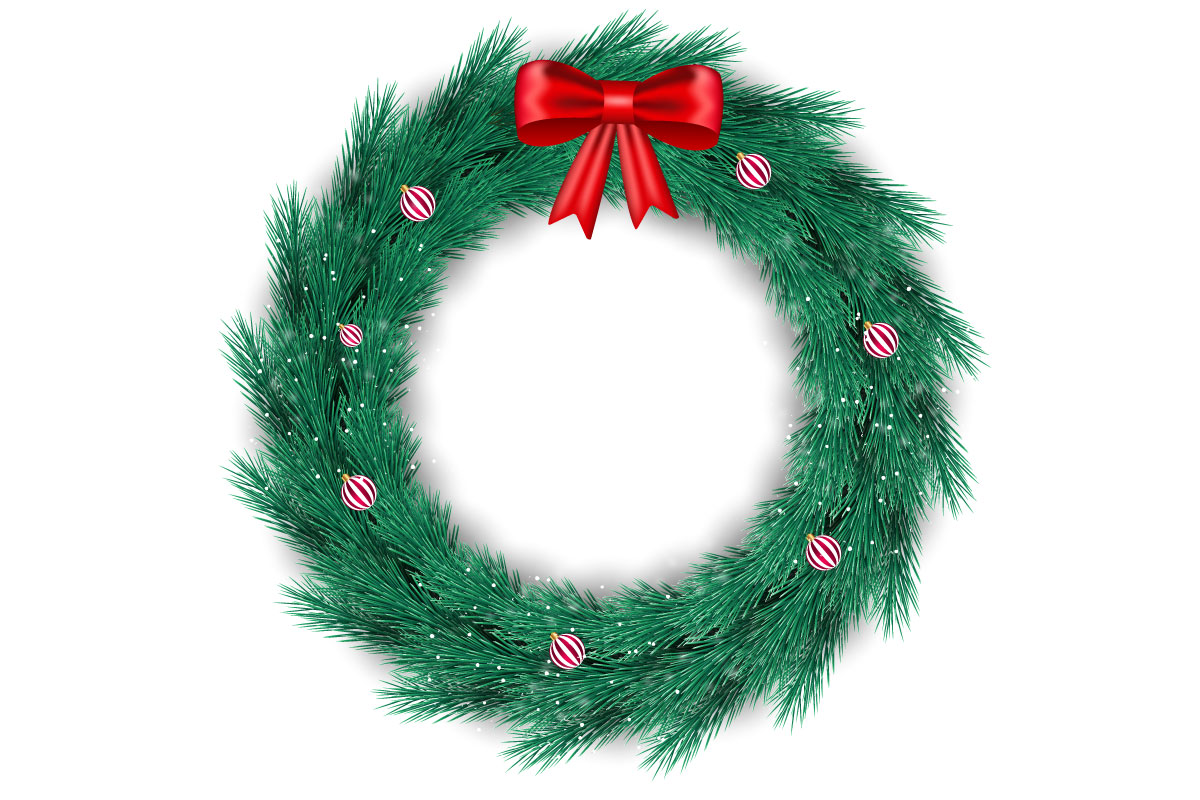 Christmas wreath with  pine leaves, christmas balls.Merry Christmas greeting card and background.