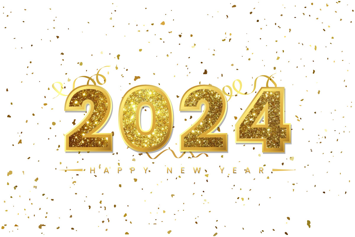 Golden Happy New Year 2024 lettering with gold confetti background