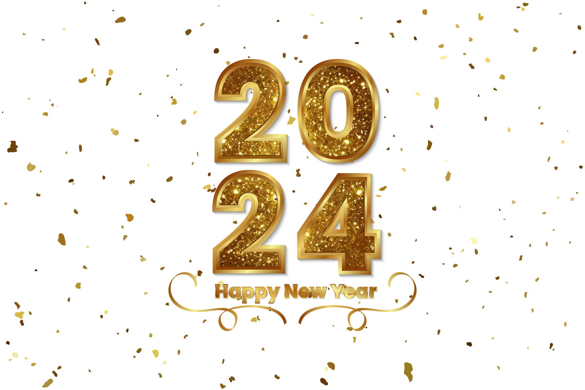 Golden Happy new year 2024 lettering design with gold confetti background