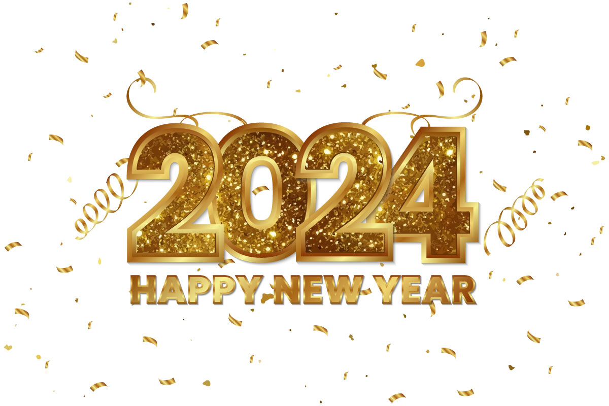 Golden happy new year 2024 gold confetti background