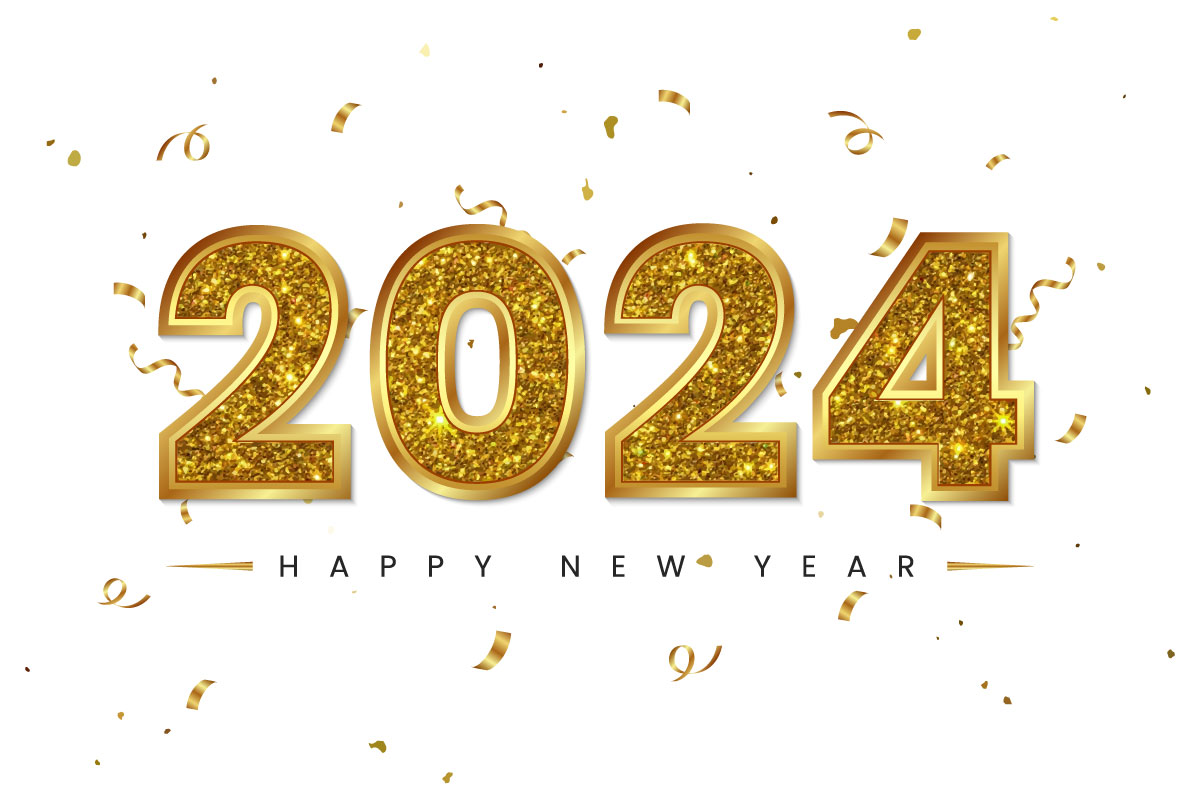 Happy New Year 2024 Text Effect, Golden glitter background