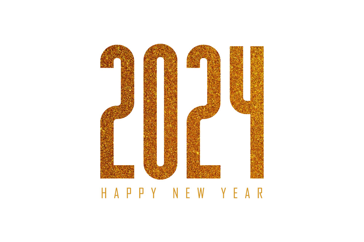 Golden 2024 New Year decorative lettering with gold confetti background