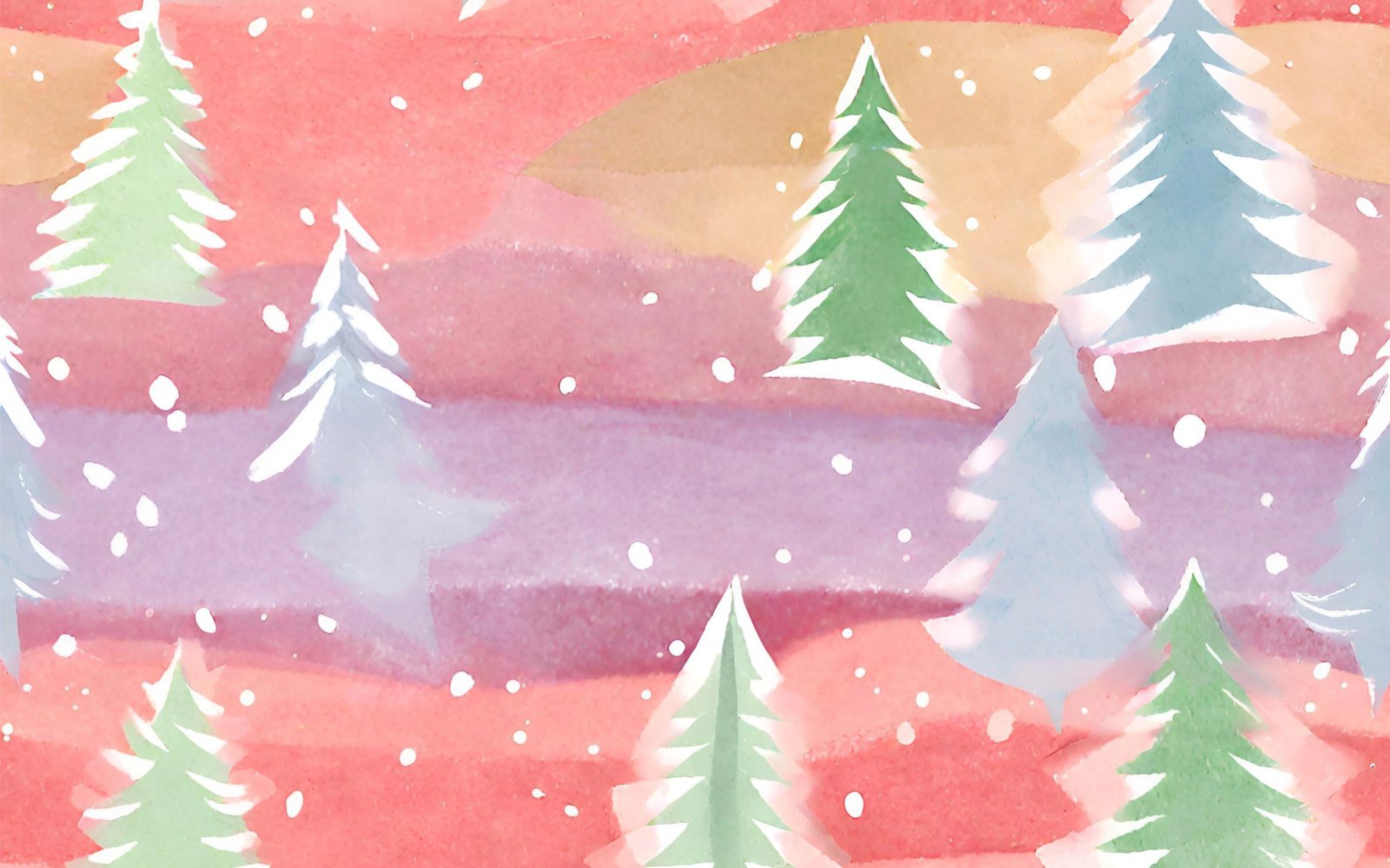 Watercolor christmas background with fir trees and snowflakes.