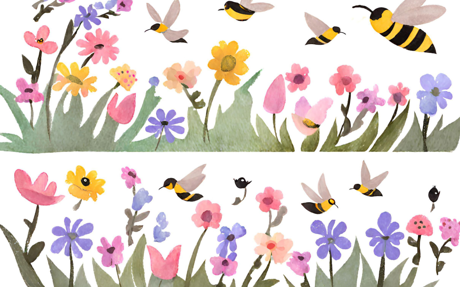 Watercolor floral seamless pattern with bees and flowers