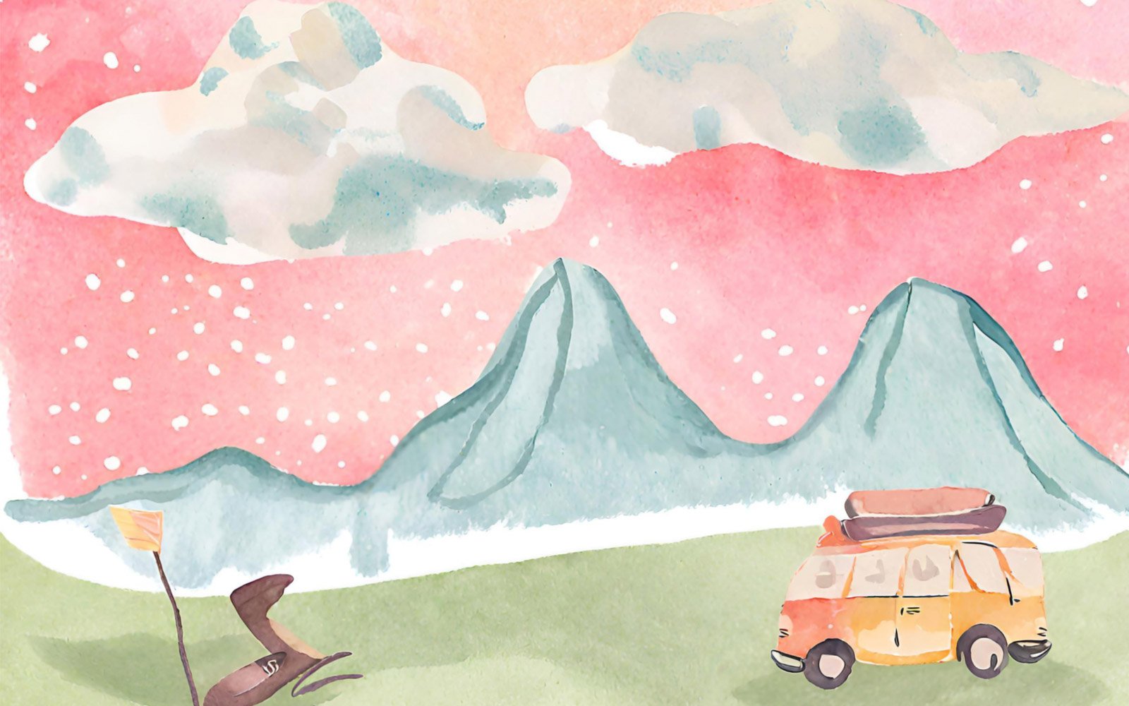 Watercolor illustration of a camper van on the background of mountains