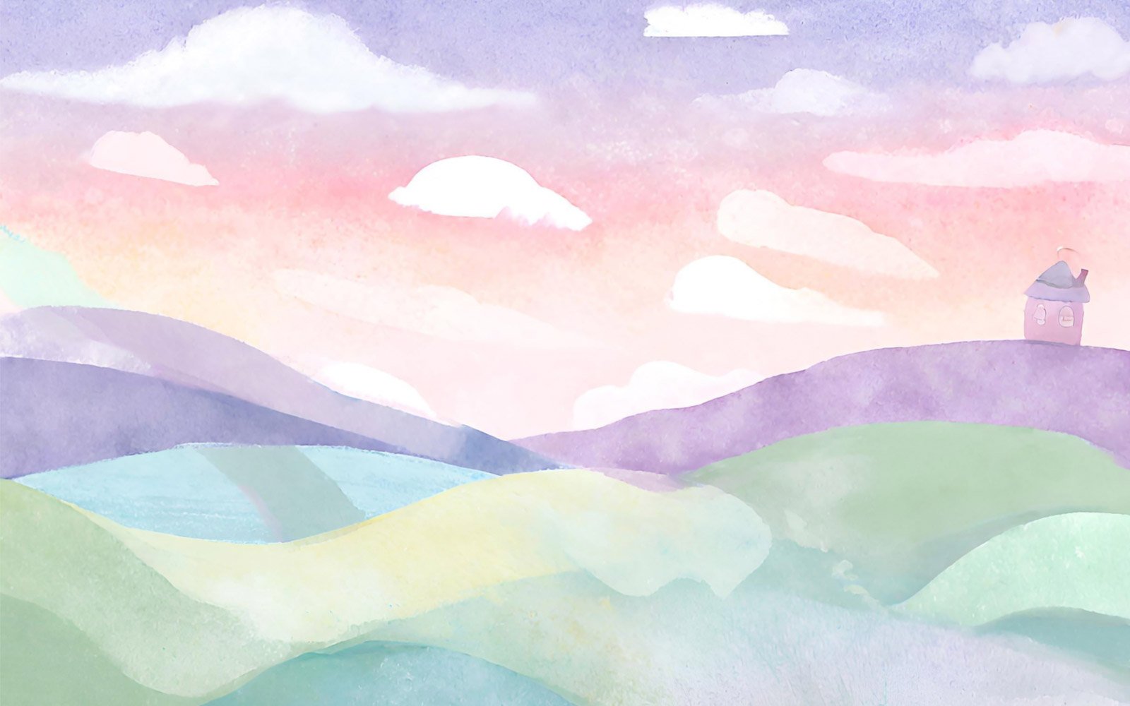 Watercolor landscape with mountains, sky and clouds. Hand drawn illustration