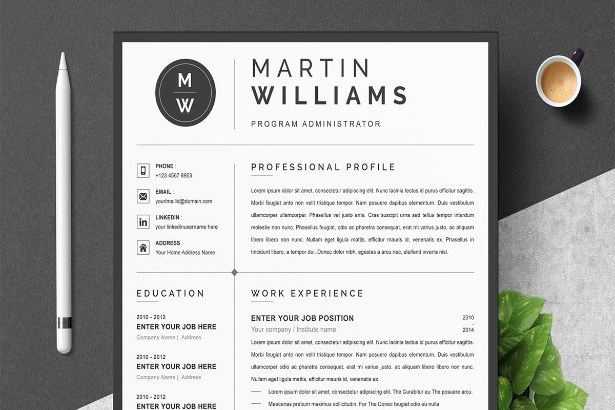 A4, CV Template, Professional Resume, Instant Download