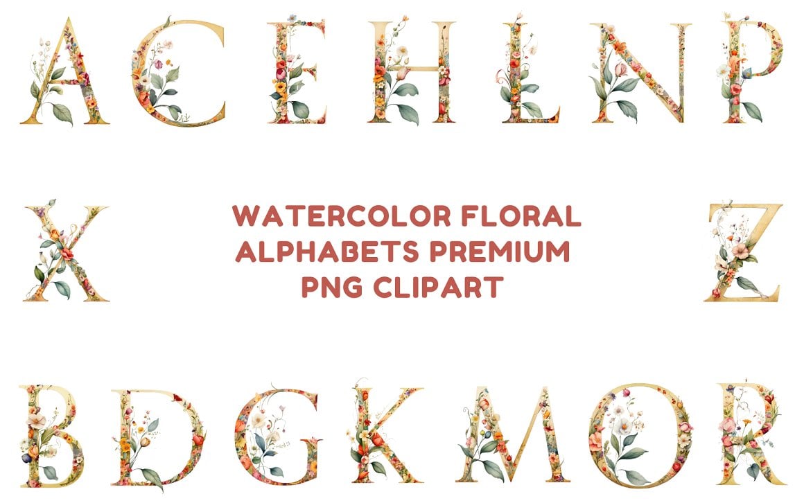 Watercolor Floral Alphabets Clipart