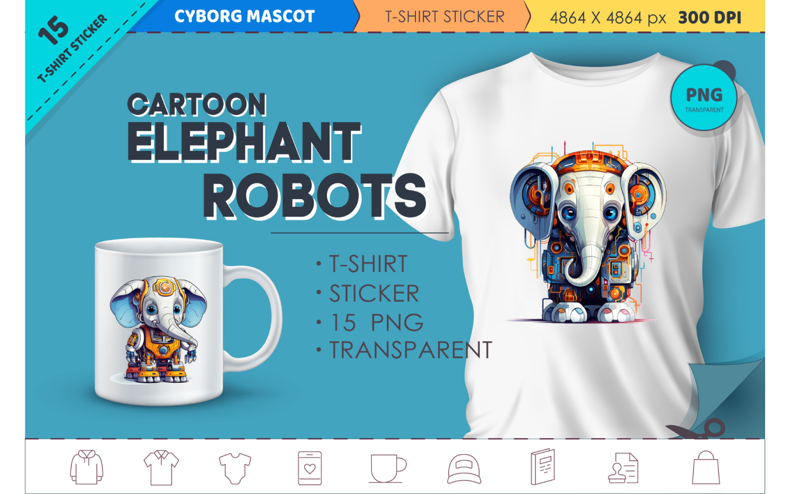 Cartoon elephant robots. T-Shirt, Sticker.