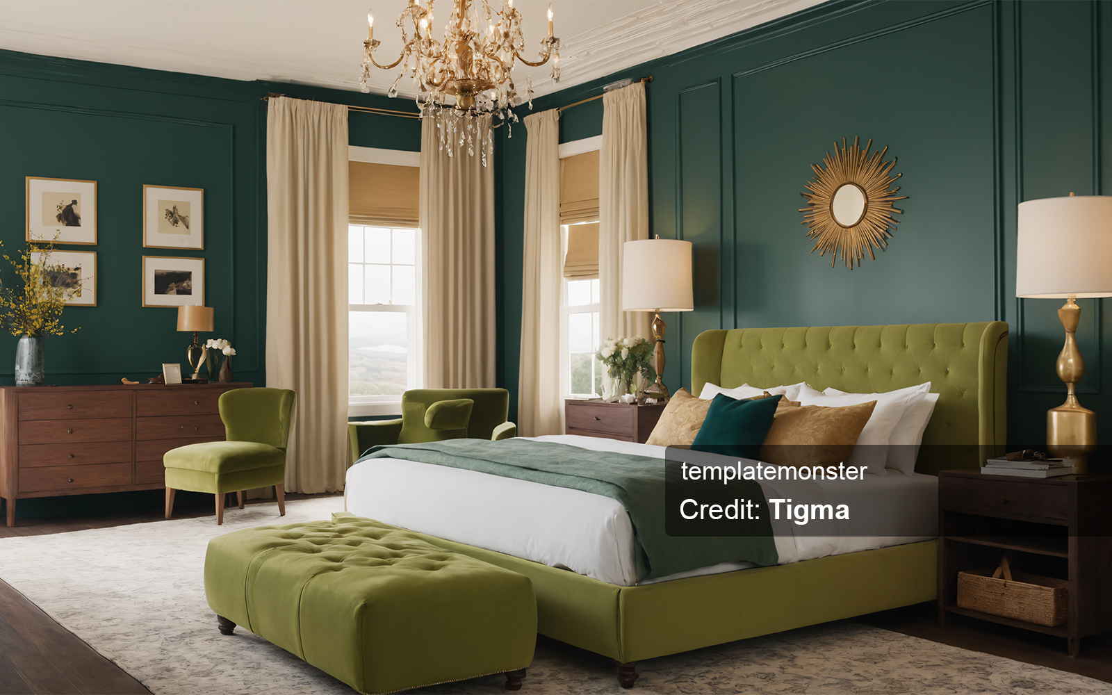 Luxurious Bedroom with Green and Gold Color Scheme - Digital Download