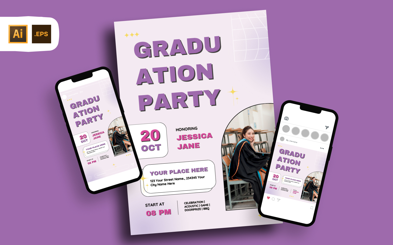 Light Purple Y2K Graduation Party Flyer Template