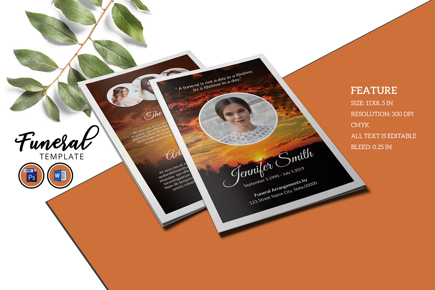 Sunset Funeral Program Template. Ms Word and Photoshop template