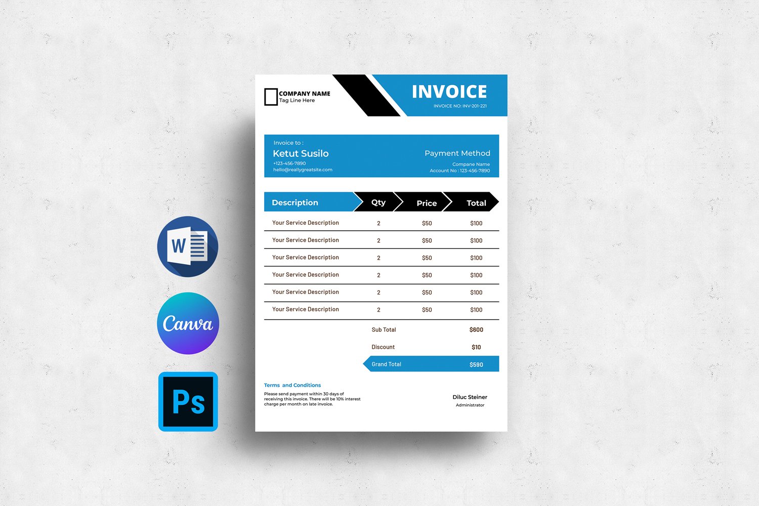 Printable Invoice Template. Word, Canva and Photoshop Template