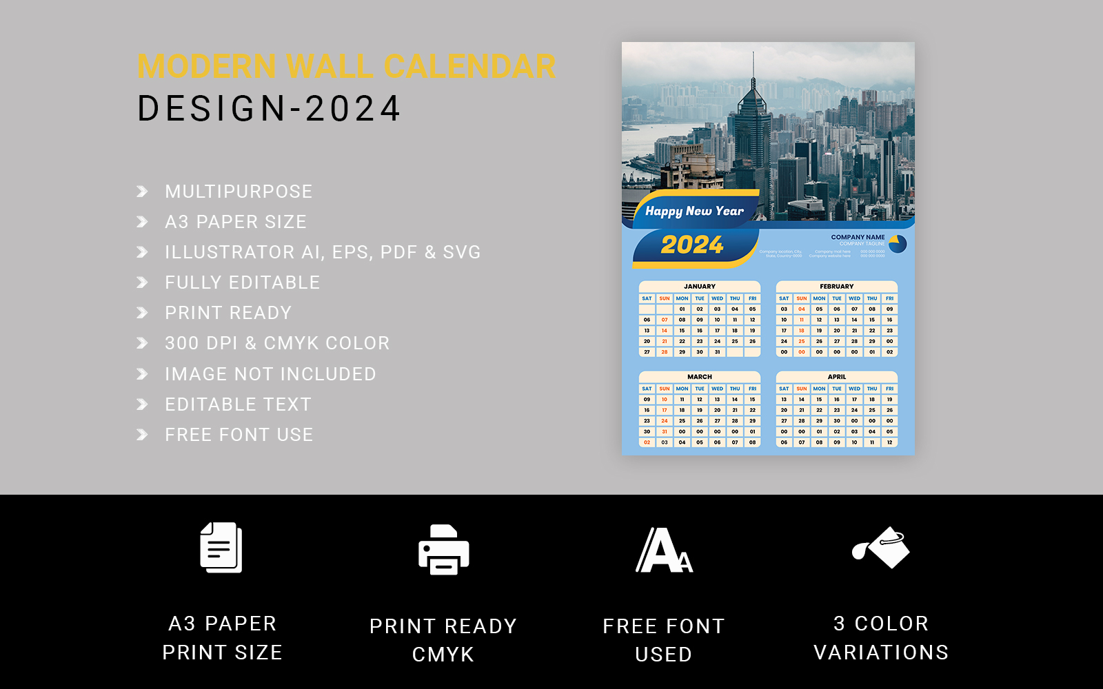 Modern 3 Pages Wall Calendar Design 2024 Template Design