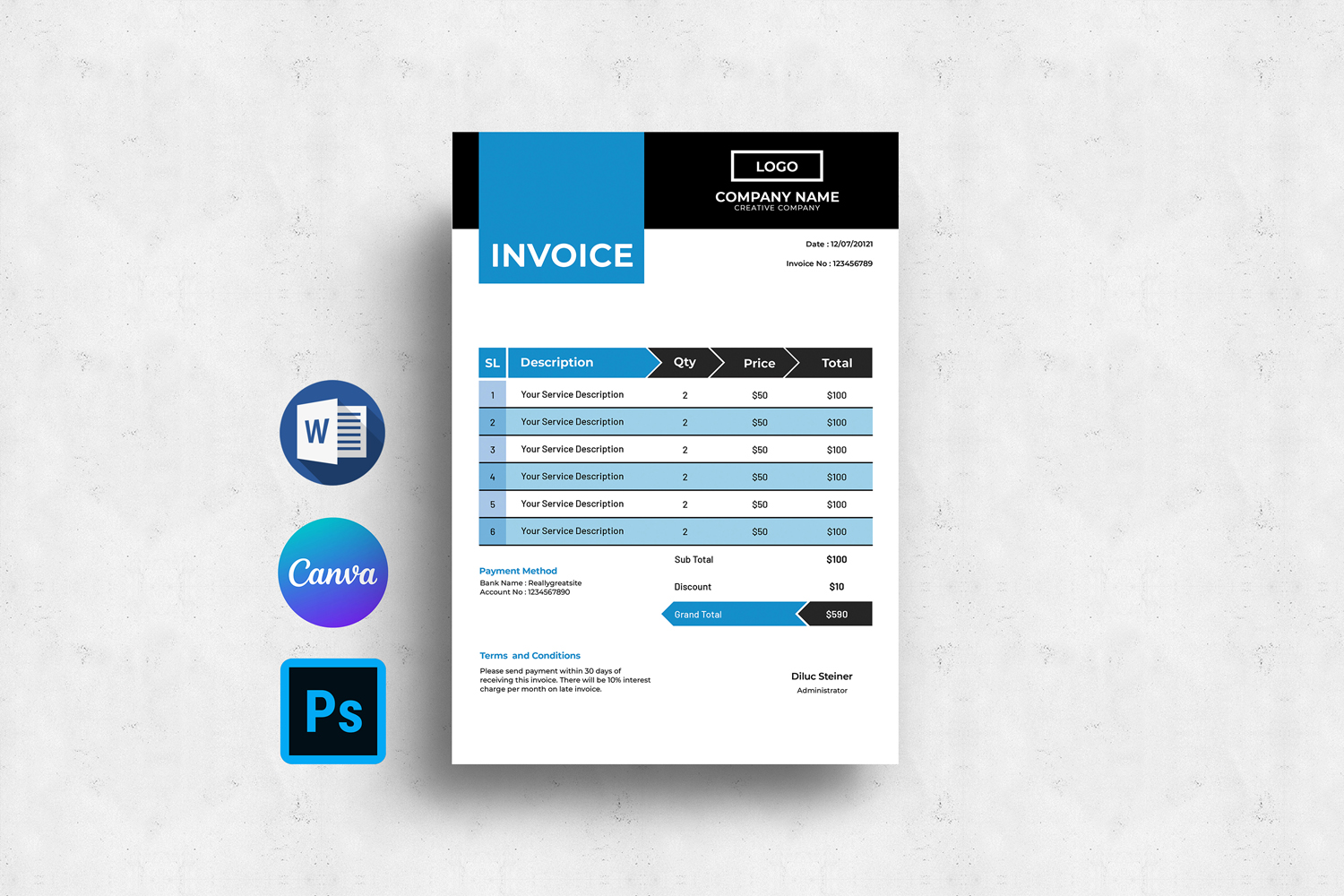 Clean Invoice Template. Canva, Word and Psd