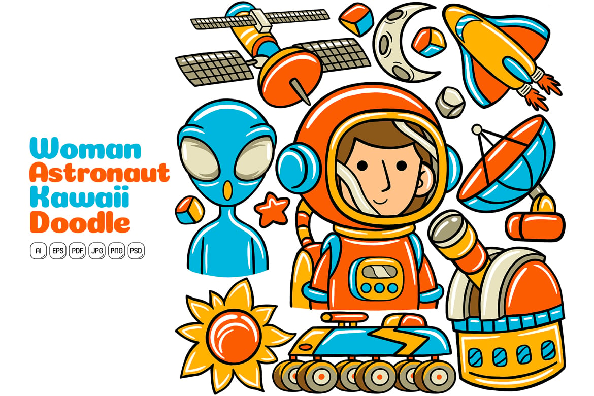 Woman Astronaut Kawaii Doodle Vector Illustration