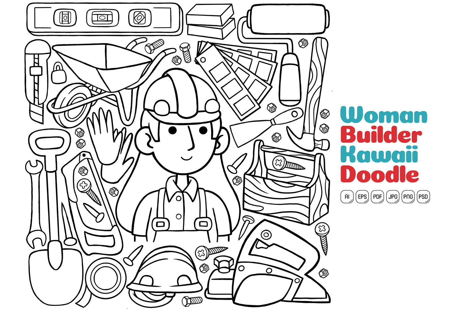 Woman Builder Kawaii Doodle Vector Illustration Line Art