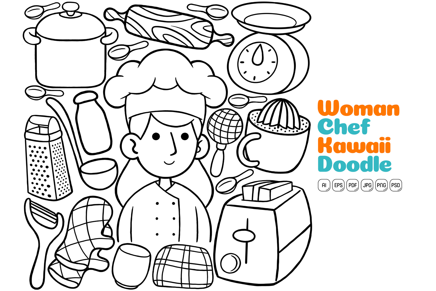 Woman Chef Kawaii Doodle Vector Illustration Line Art