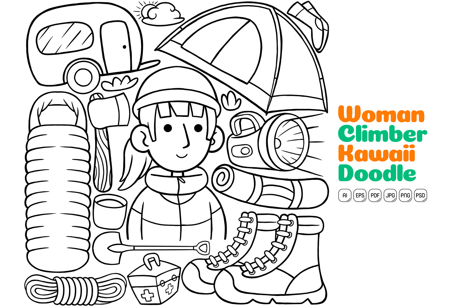 Woman Climber Kawaii Doodle Vector Illustration Line Art