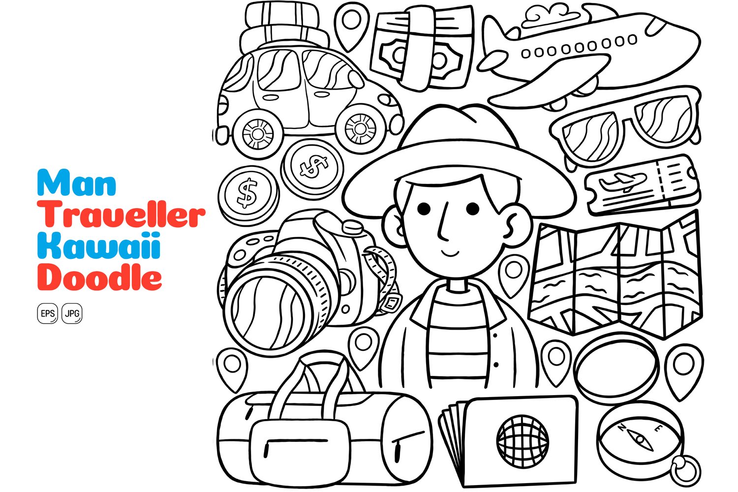 Man Traveller Kawaii Doodle Vector Illustration Line Art