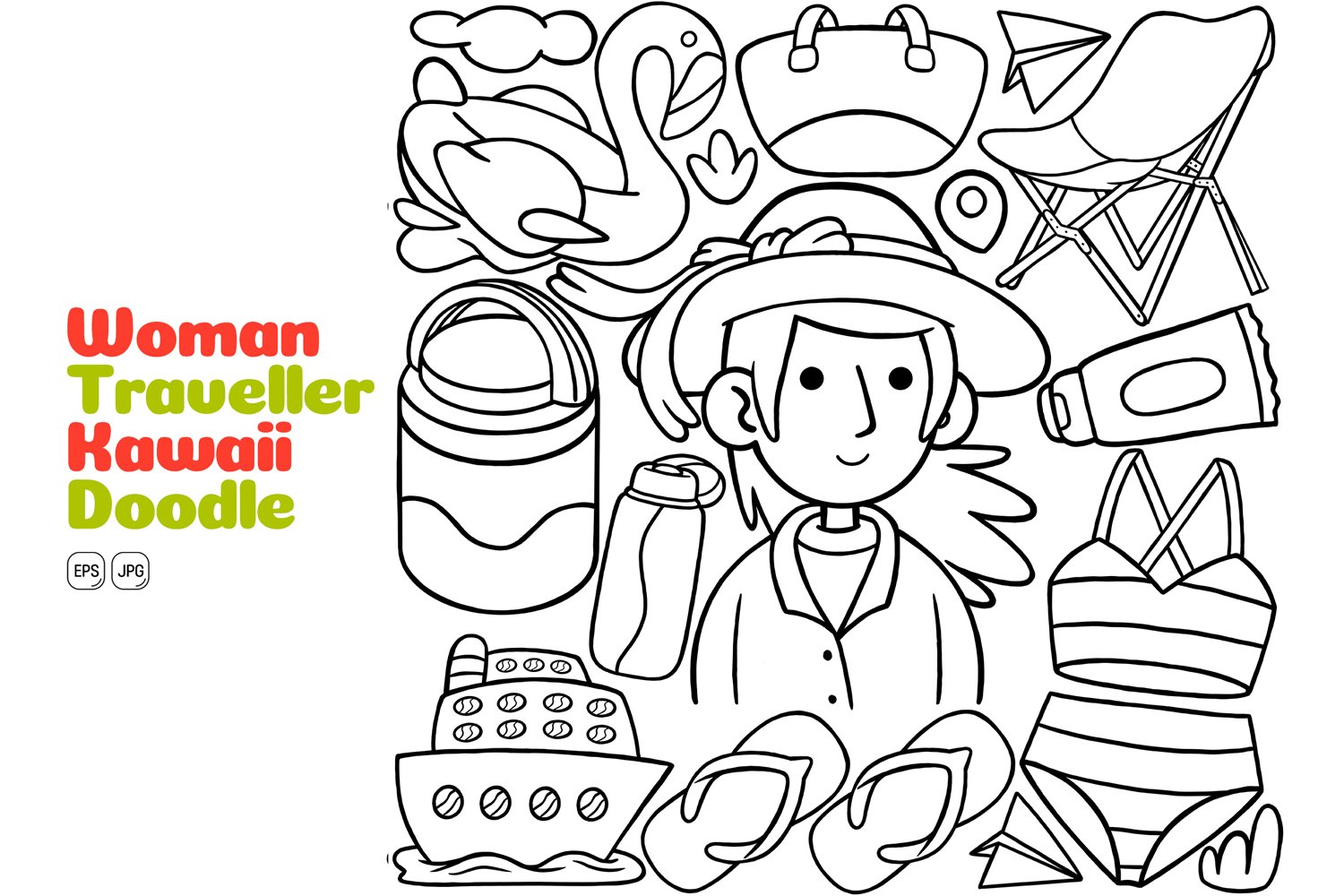 Woman Traveller Kawaii Doodle Vector Illustration Line Art