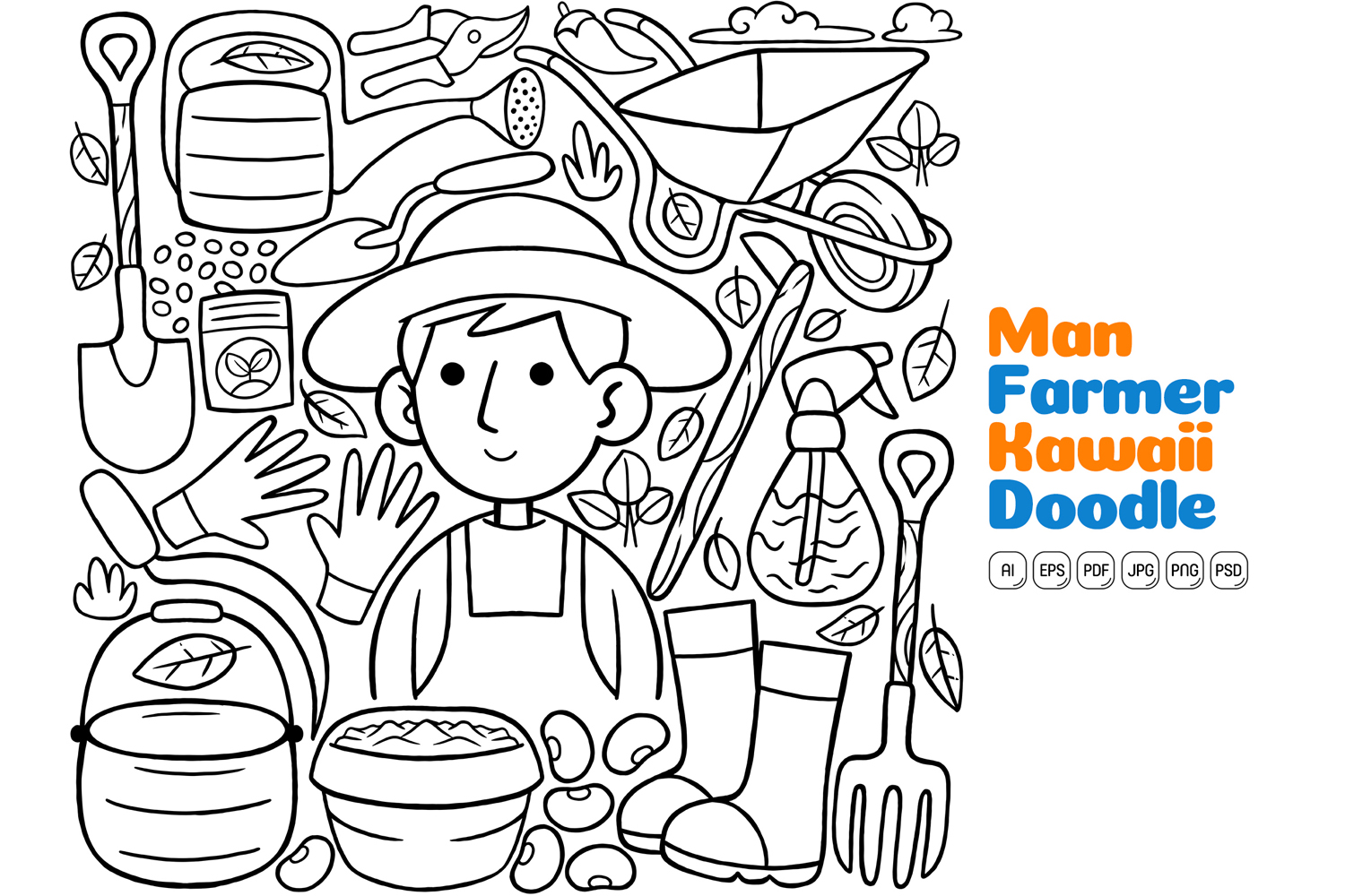 Man Farmer Kawaii Doodle Vector Illustration Line Art