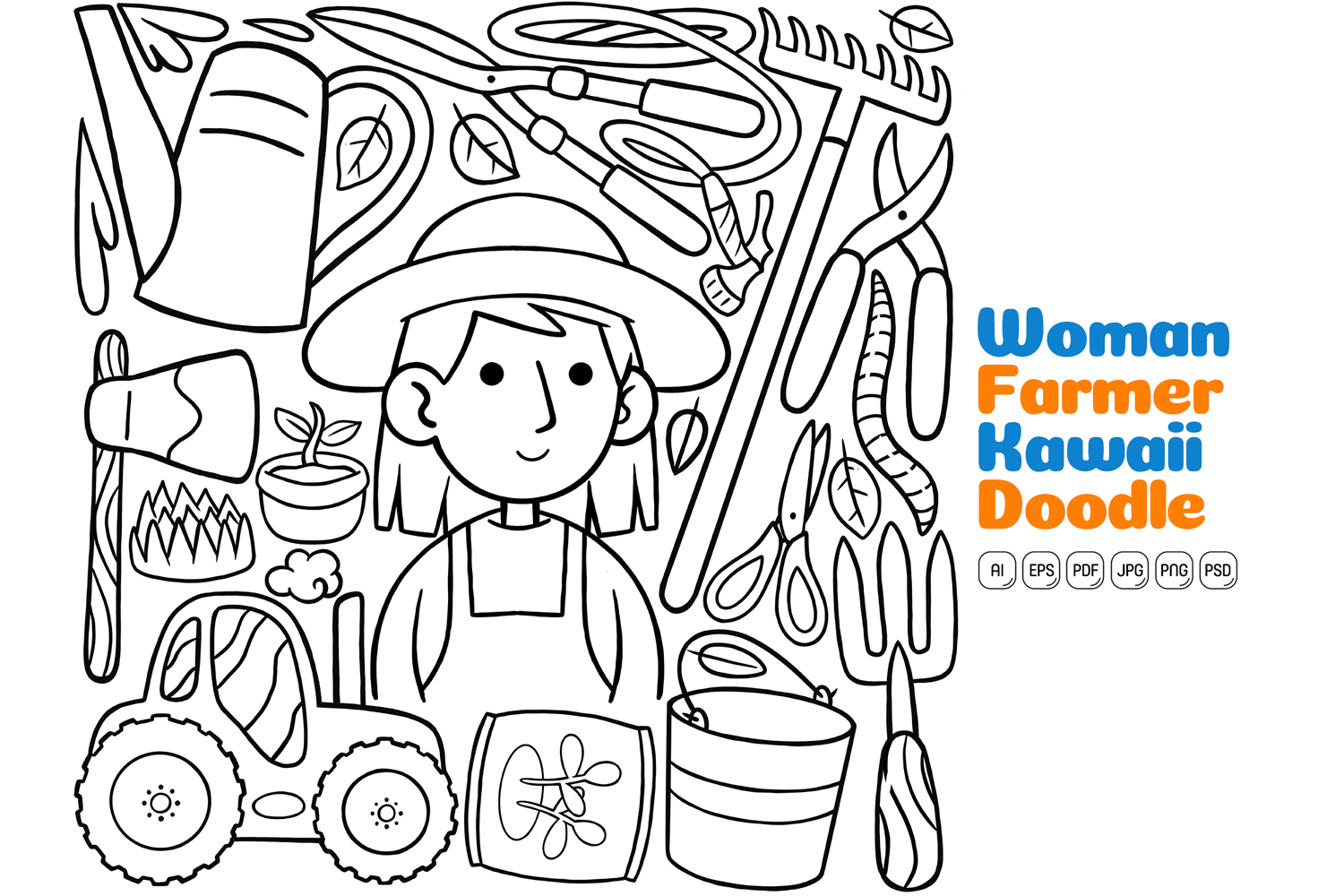 Woman Farmer Kawaii Doodle Vector Illustration Line Art