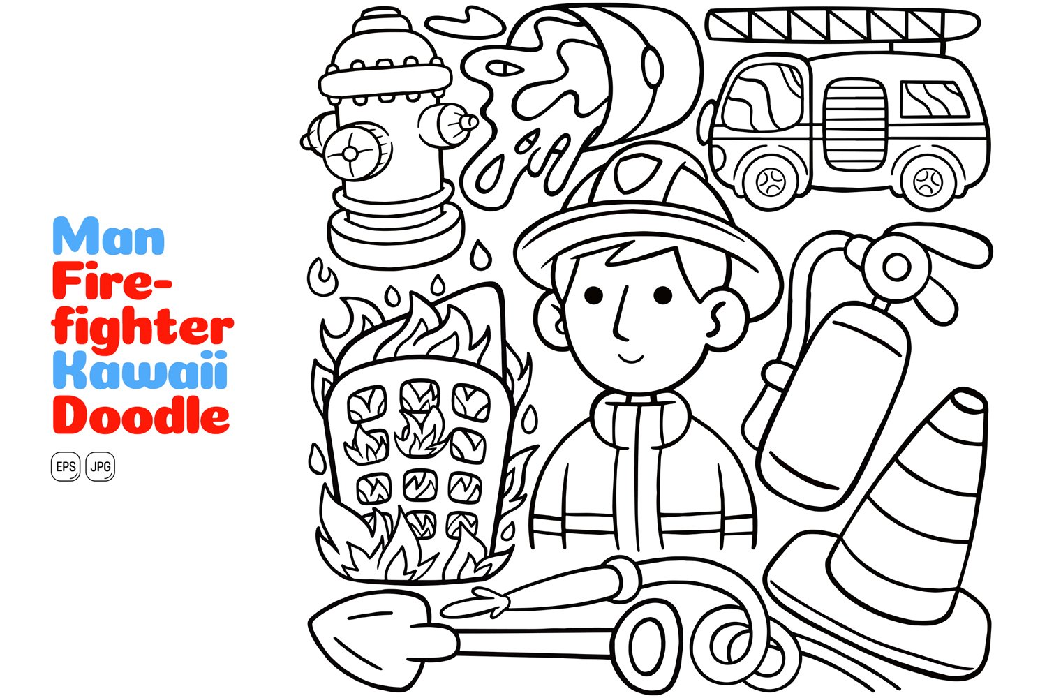 Man Firefighter Kawaii Doodle Vector Illustration Line Art