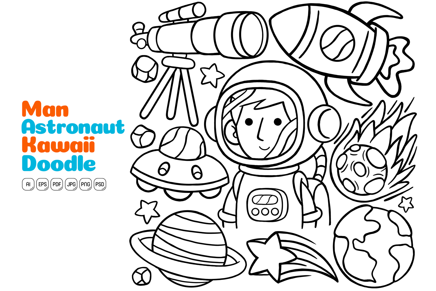 Man Astronaut Kawaii Doodle Vector Illustration Line Art