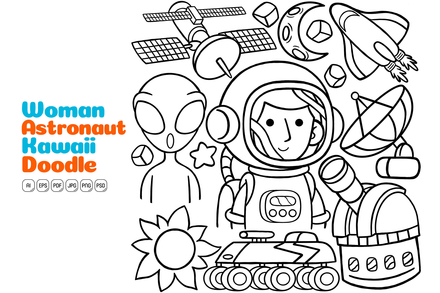 Woman Astronaut Kawaii Doodle Vector Illustration Line Art