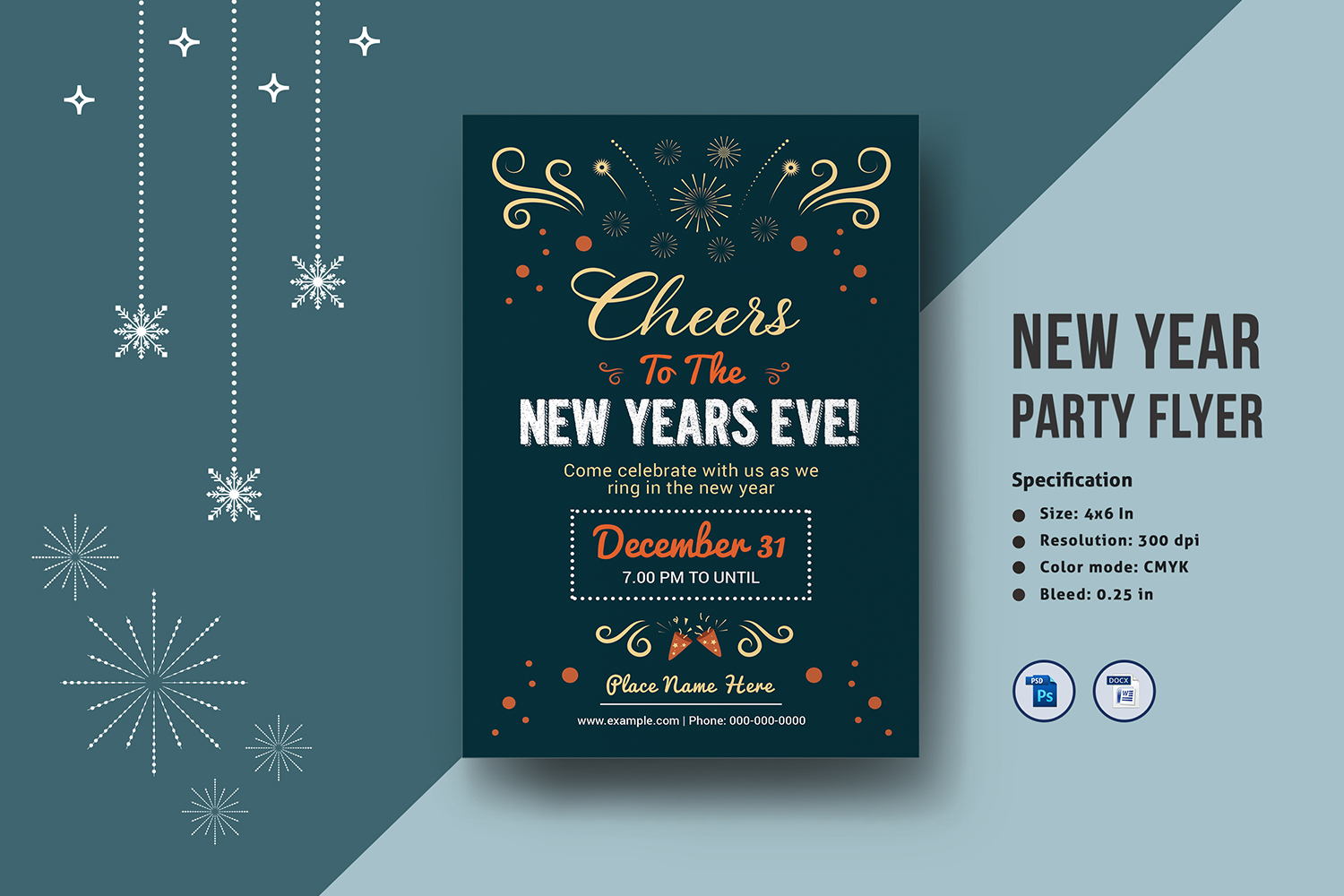 New Year Celebration Party Flyer Template. Ms Word and Psd