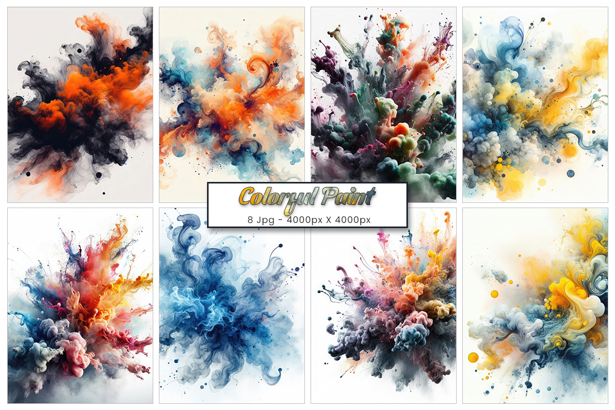 Colorful ink paint splash, splatter brush strokes, orange watercolor powder explosion