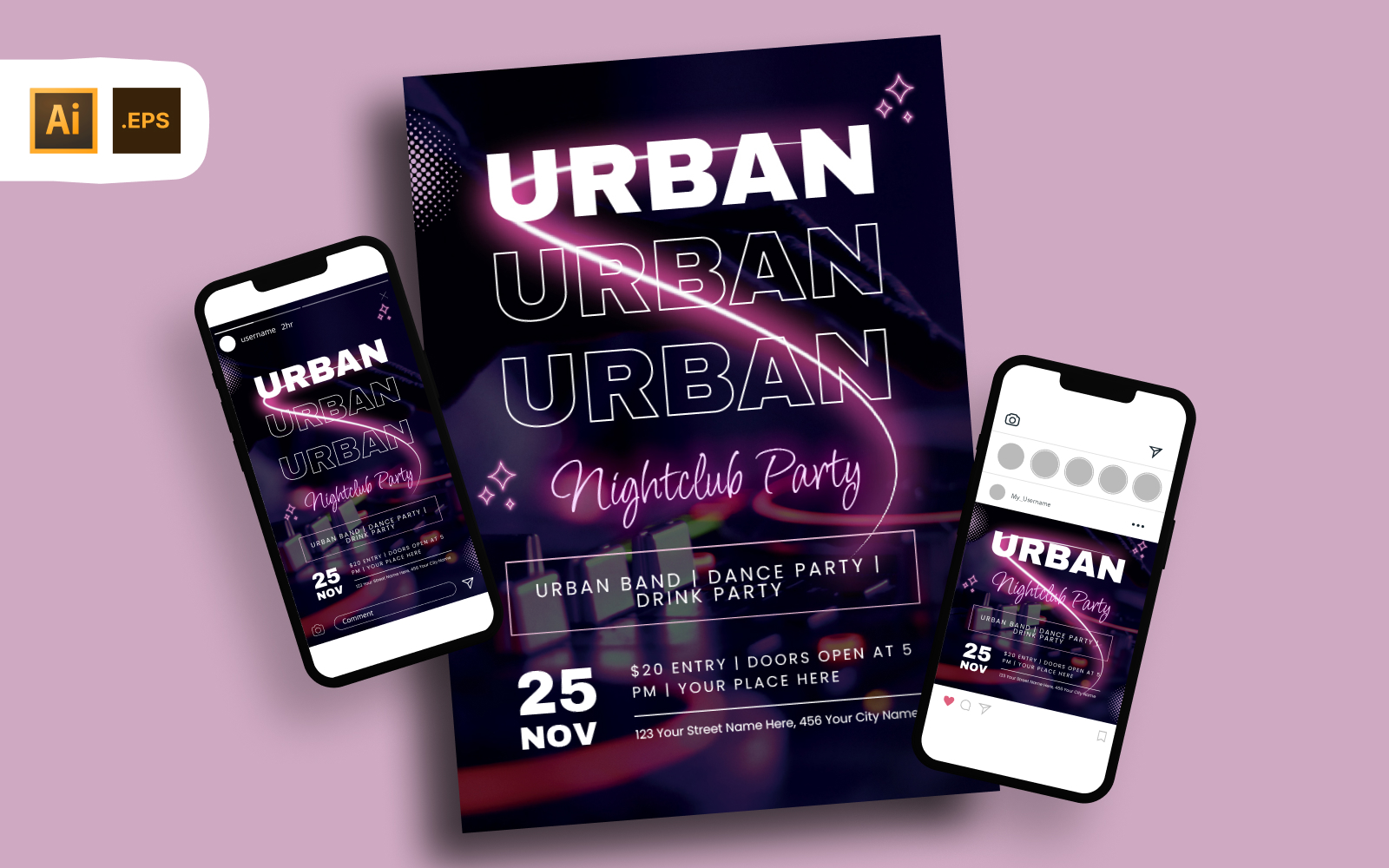 Purple Neon Urban Night Party Flyer Template