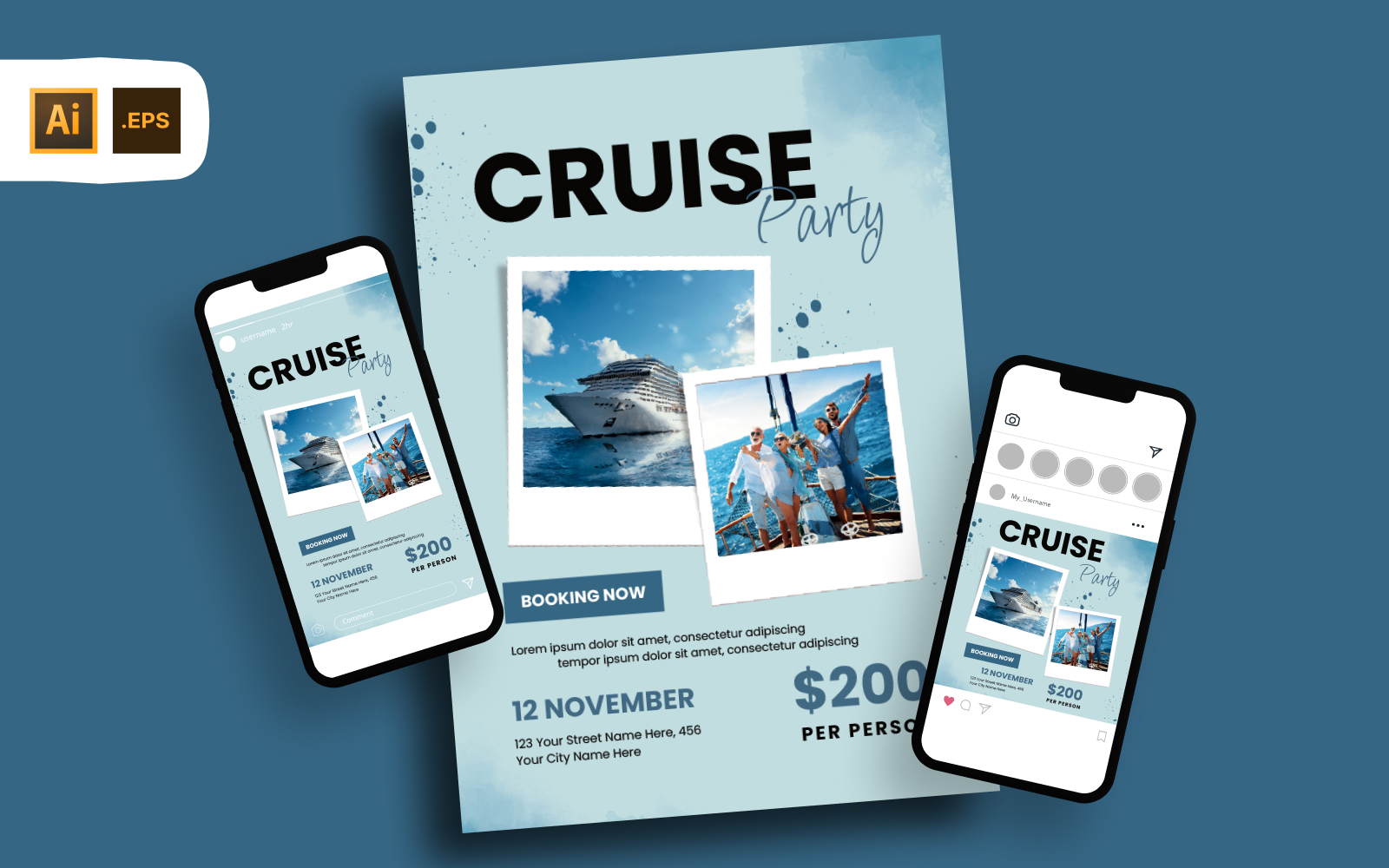 Blue Watercolor Cruise Party Planner Flyer Template