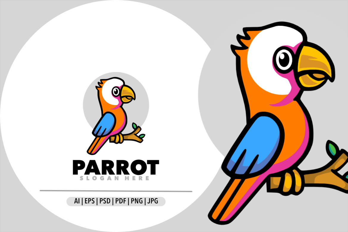 Cute parrot mascot cartoon logo design illustration