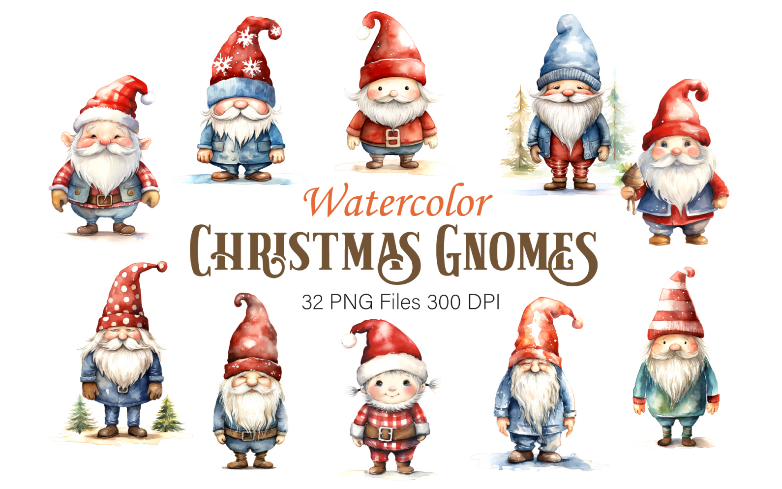 Watercolor Christmas Gnomes. Clipart Bundle.