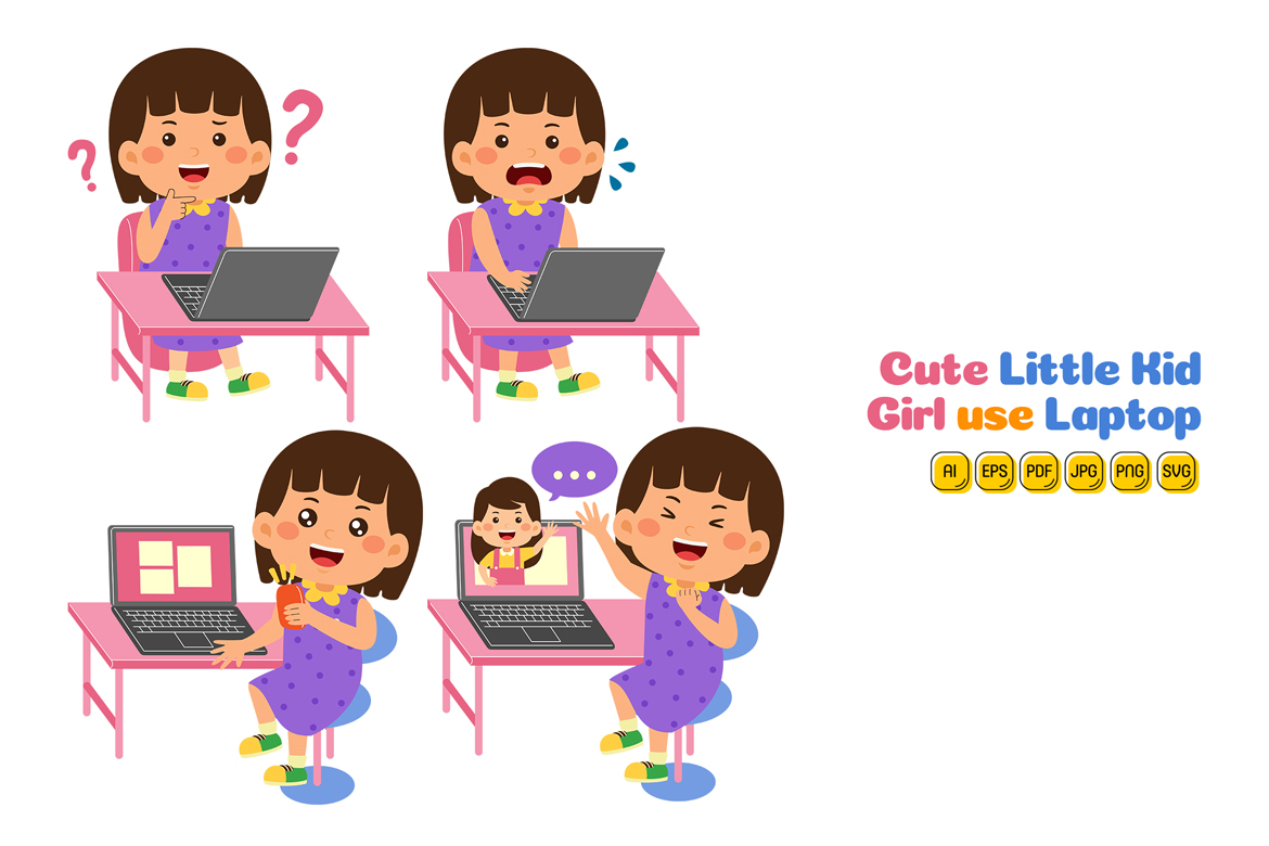Cute Little Kid Girl use Laptop Vector #02