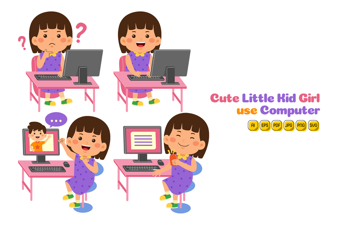 Cute Little Kid Girl use Computer Vector Pack #01