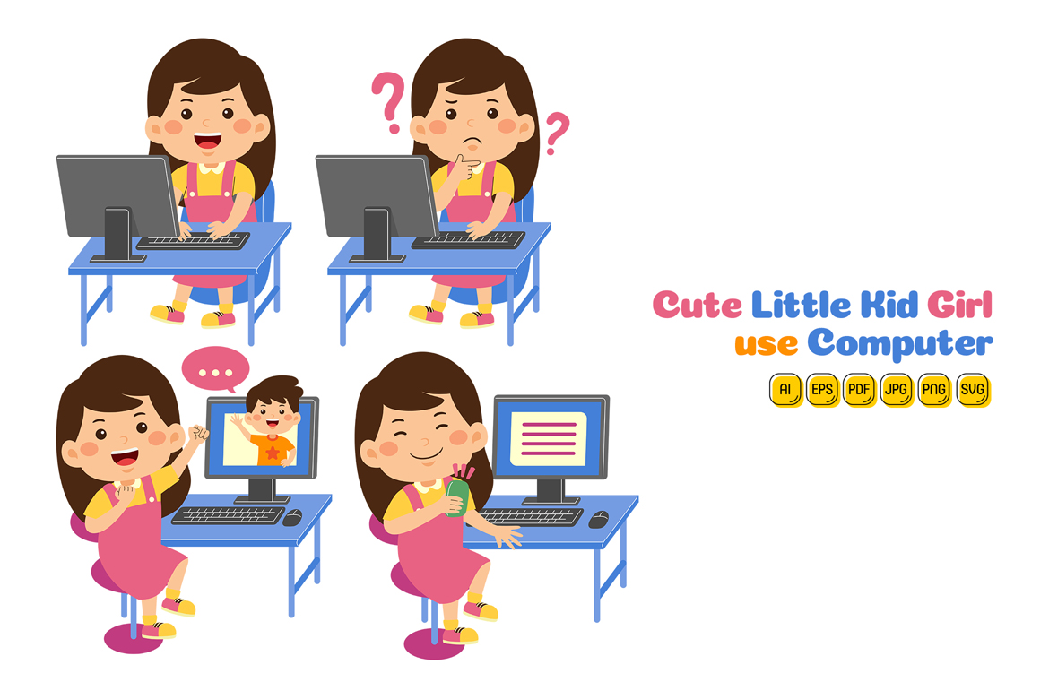Cute Little Kid Girl use Computer Vector Pack #02