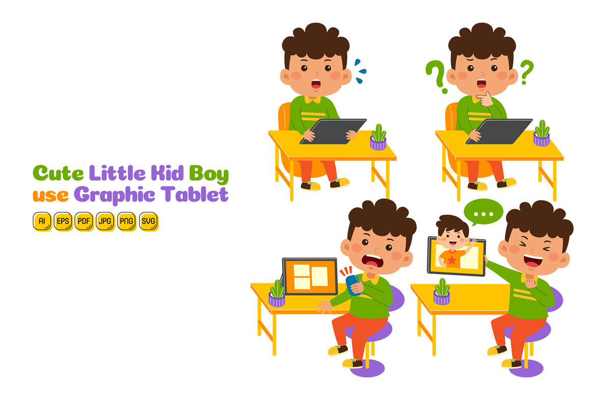 Cute Little Kid Boy use Graphic Tablet Vector Pack #01