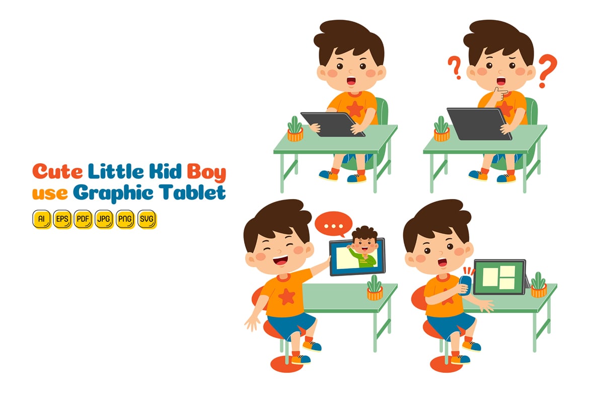 Cute Little Kid Boy use Graphic Tablet Vector Pack #02