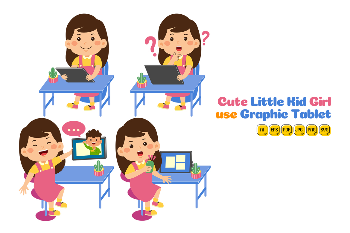 Cute Little Kid Girl use Graphic Tablet Vector Pack #01