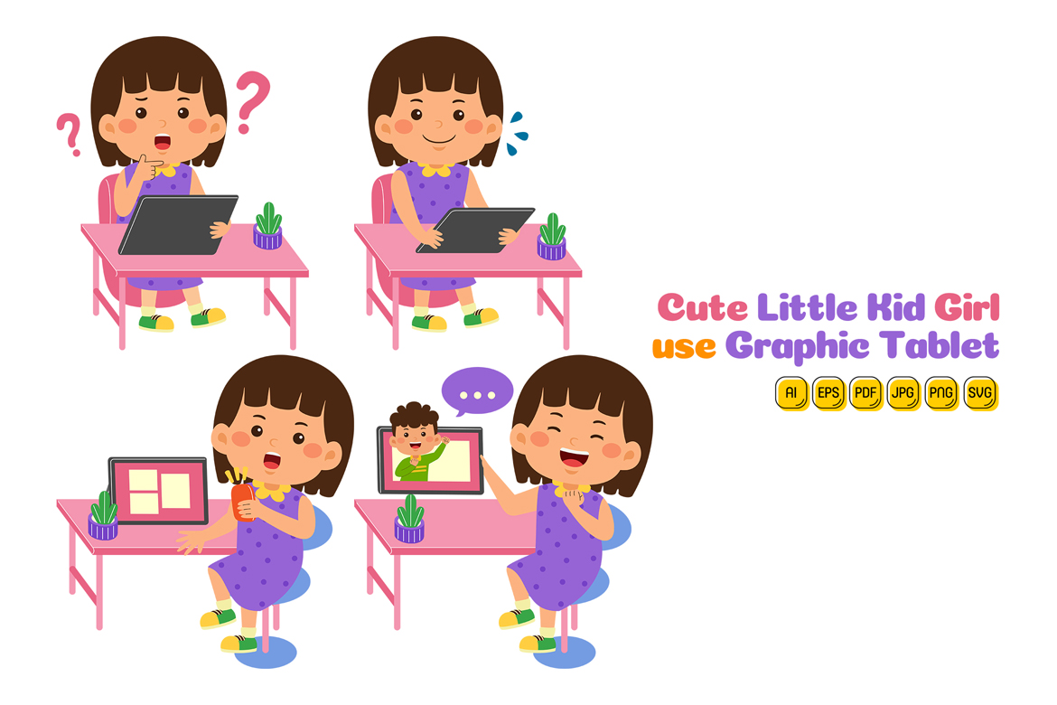Cute Little Kid Girl use Graphic Tablet Vector Pack #02