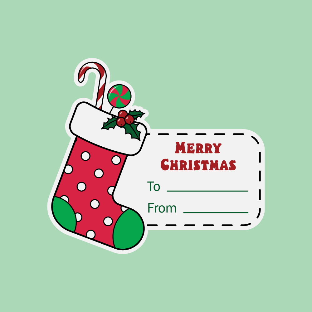 Christmas sticker card in CMYK color mode. Red sock with candy canes and poinsettia berries