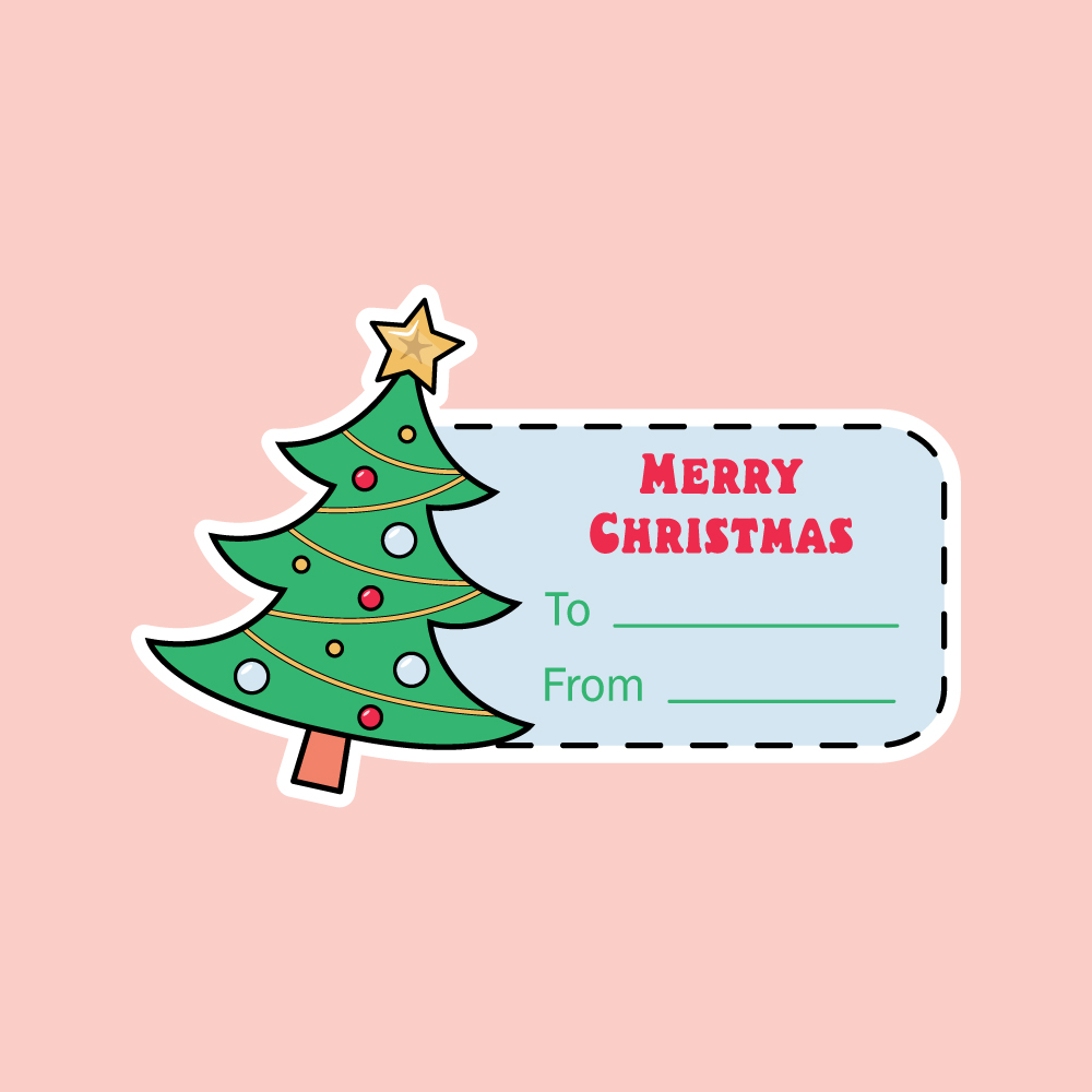 Christmas sticker card in CMYK color mode. Green Christmas tree with a yellow star