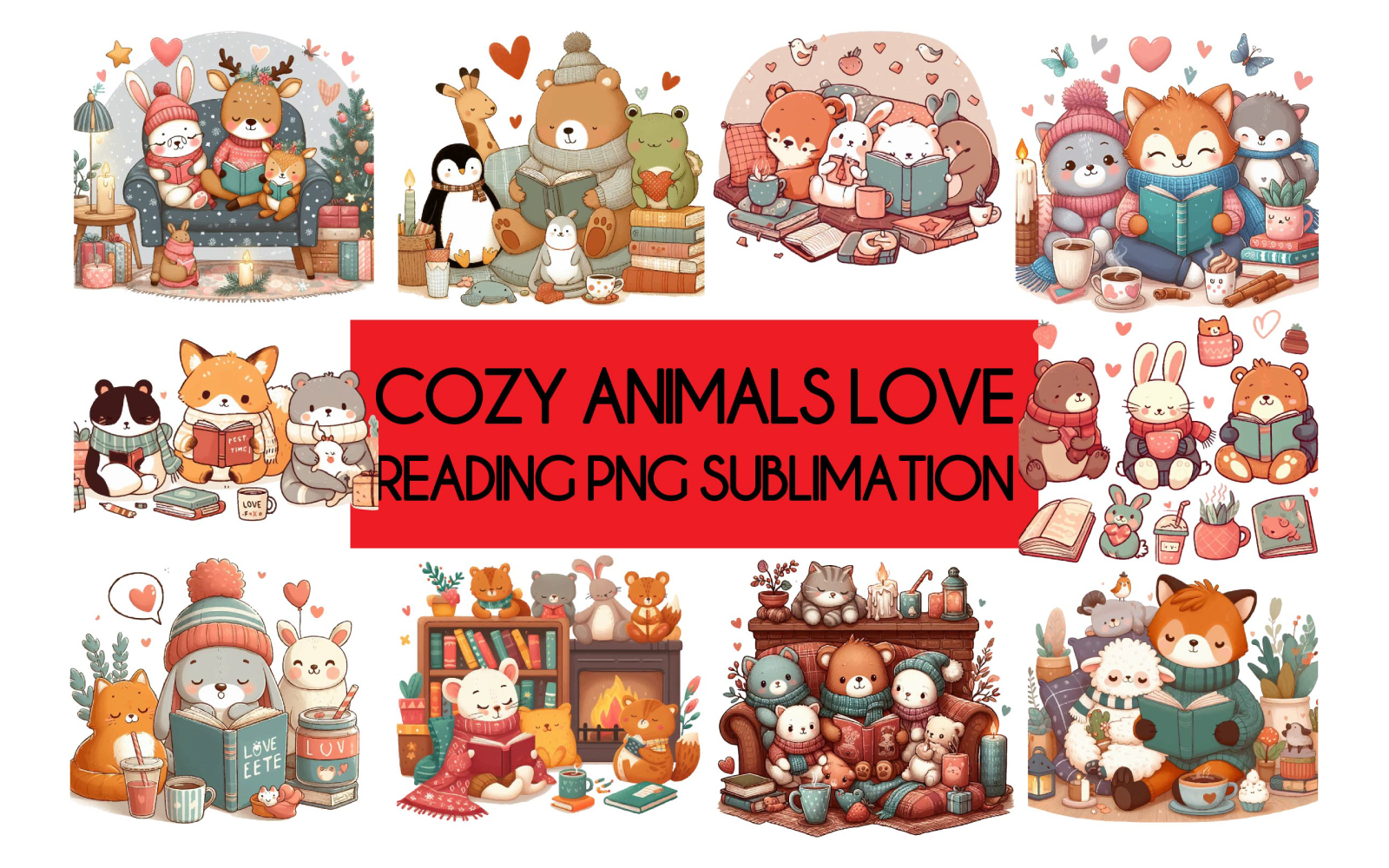 Cozy Animals Love Reading PNG Sublimation