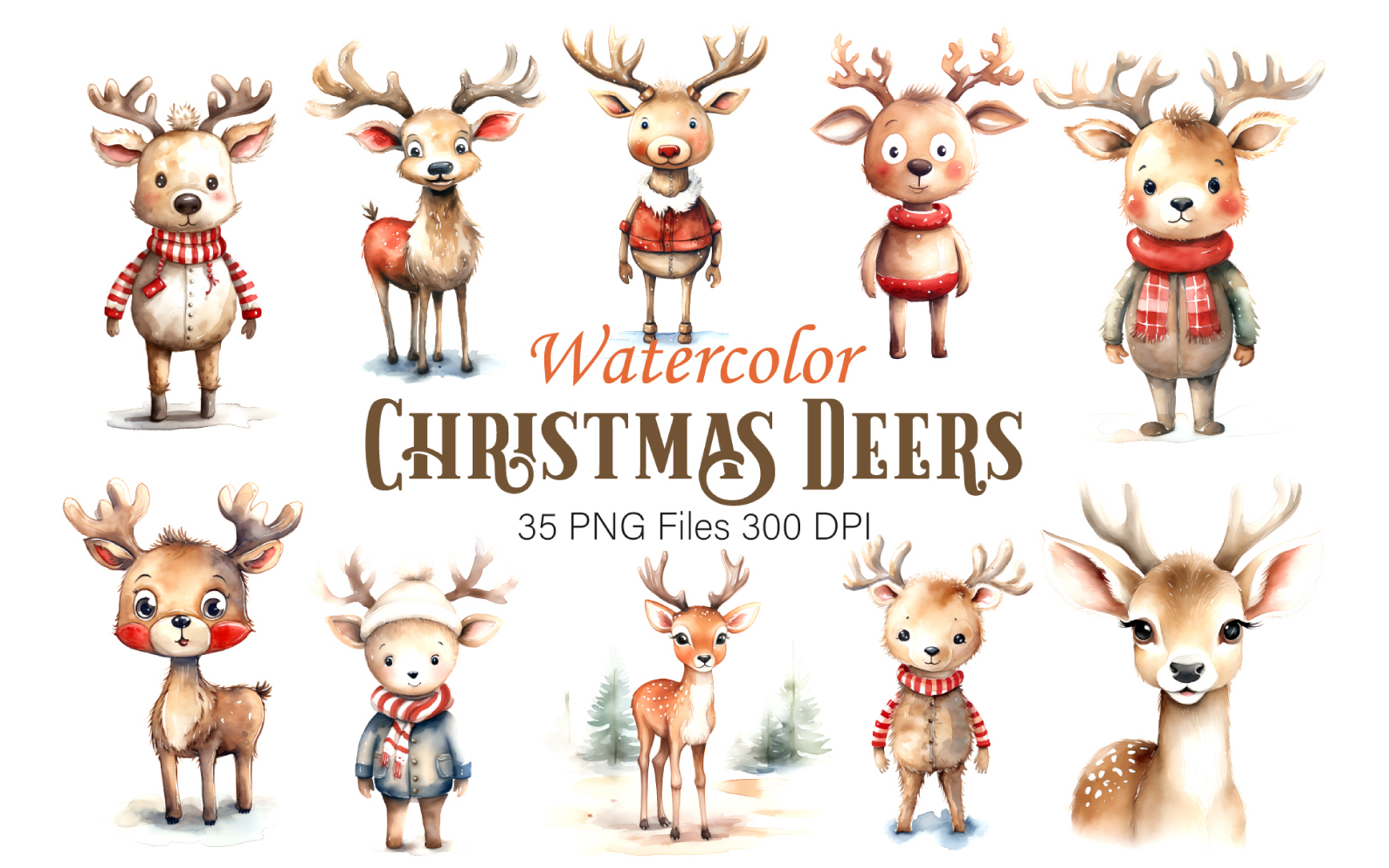 Watercolor Christmas Deer. Clipart Bundle.