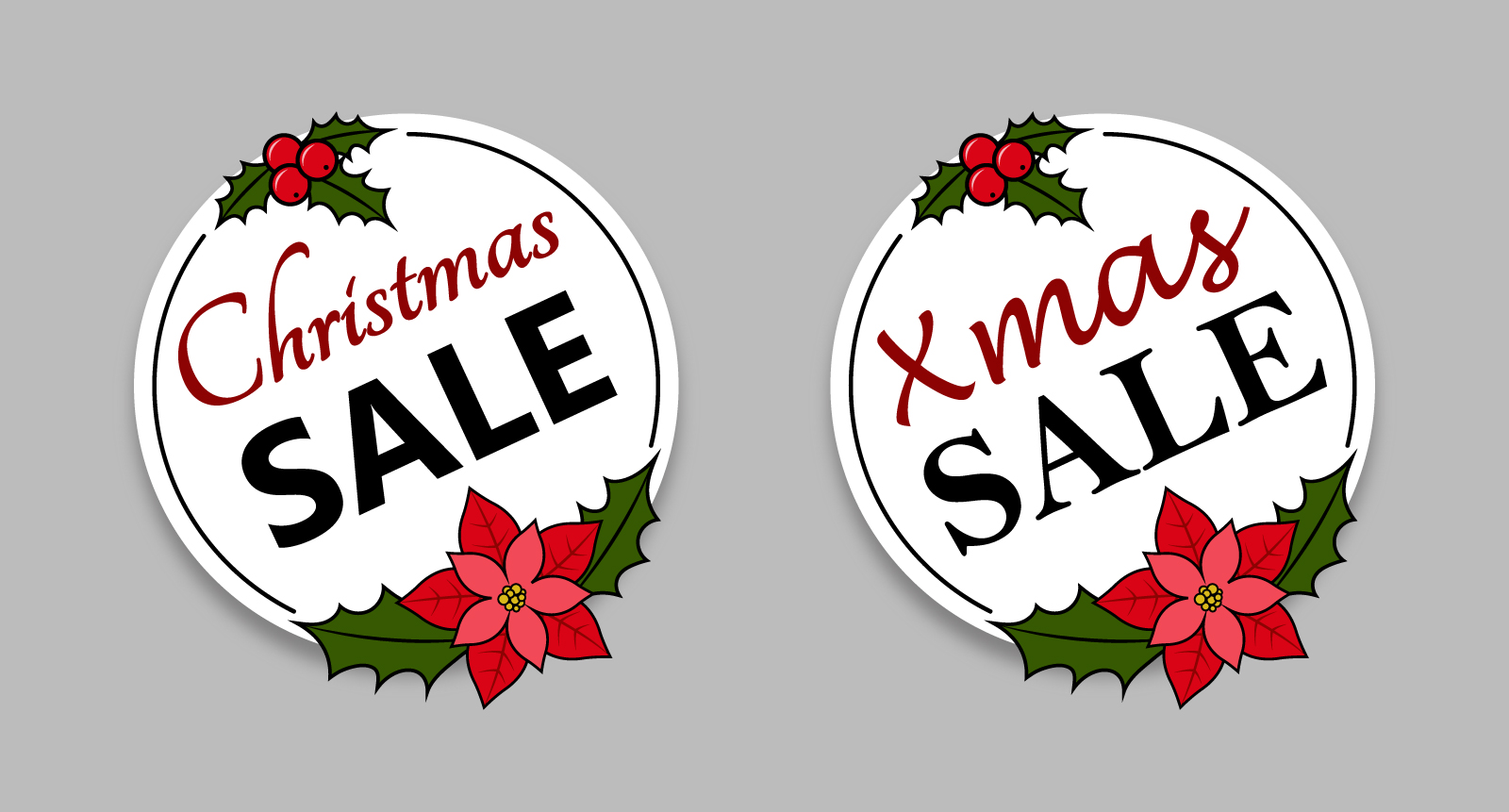 White round stickers for the Christmas sale with a red poinsettia and berries on the gray background